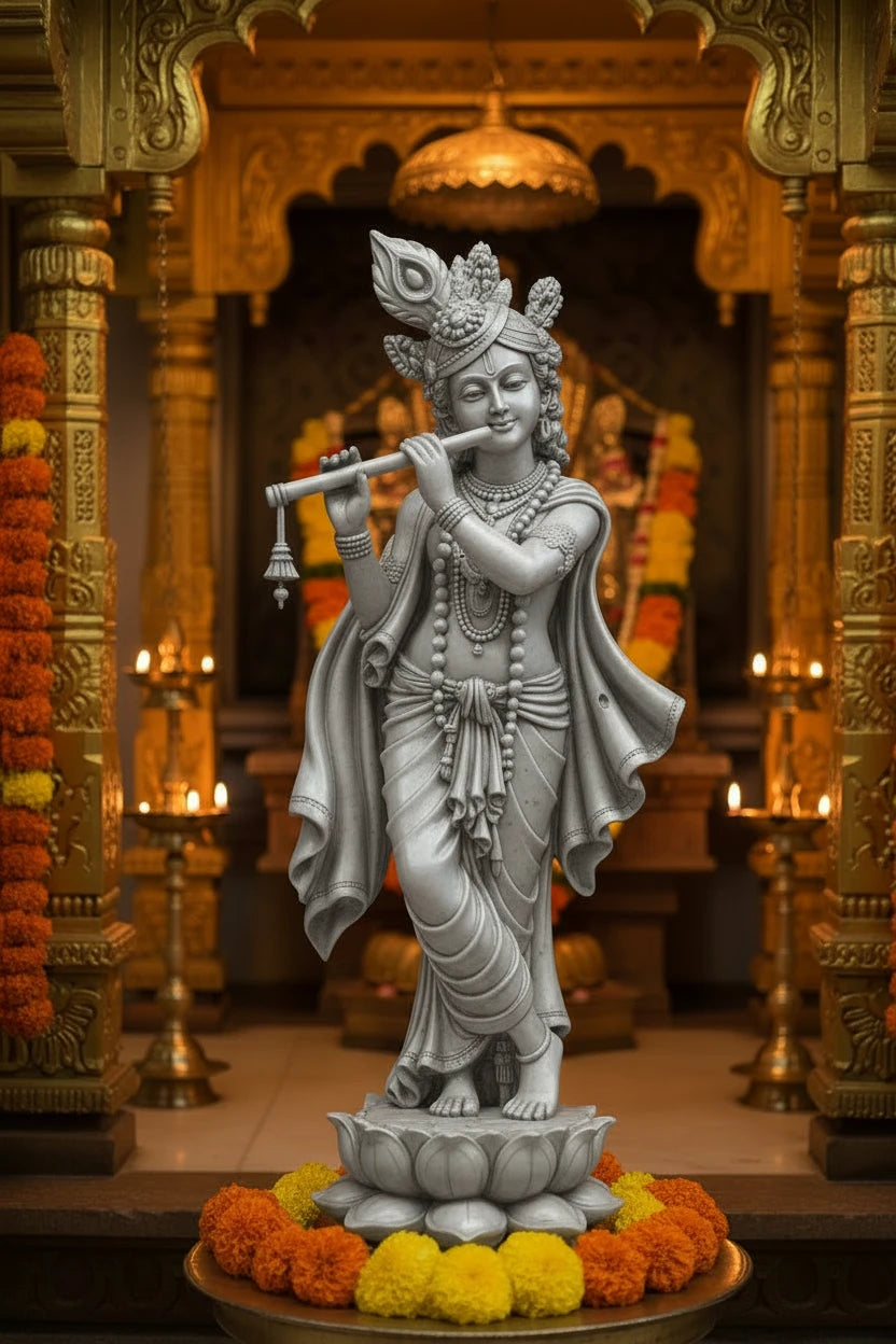 Silver Finish Lord Krishna Playing Flute Idol