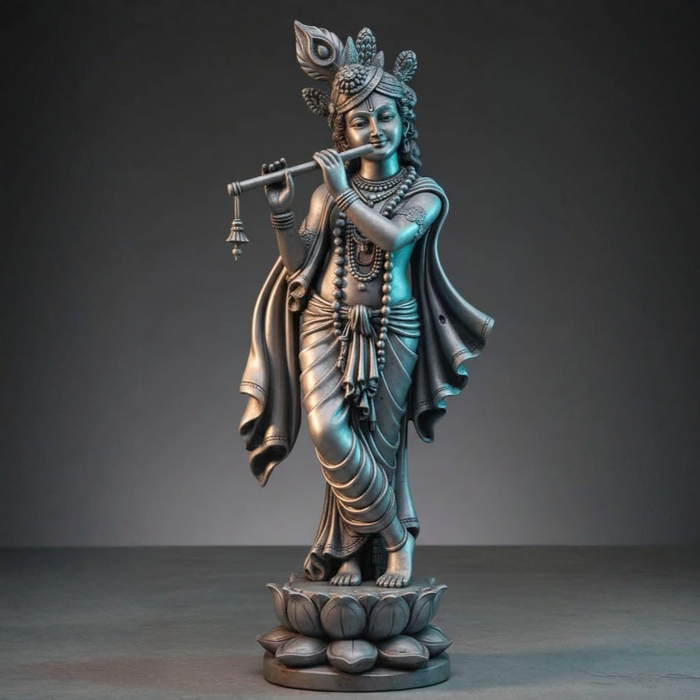 Silver Finish Lord Krishna Playing Flute Idol