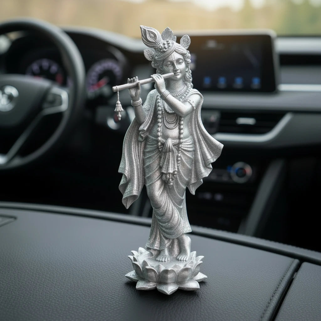 Silver Finish Lord Krishna Playing Flute Idol