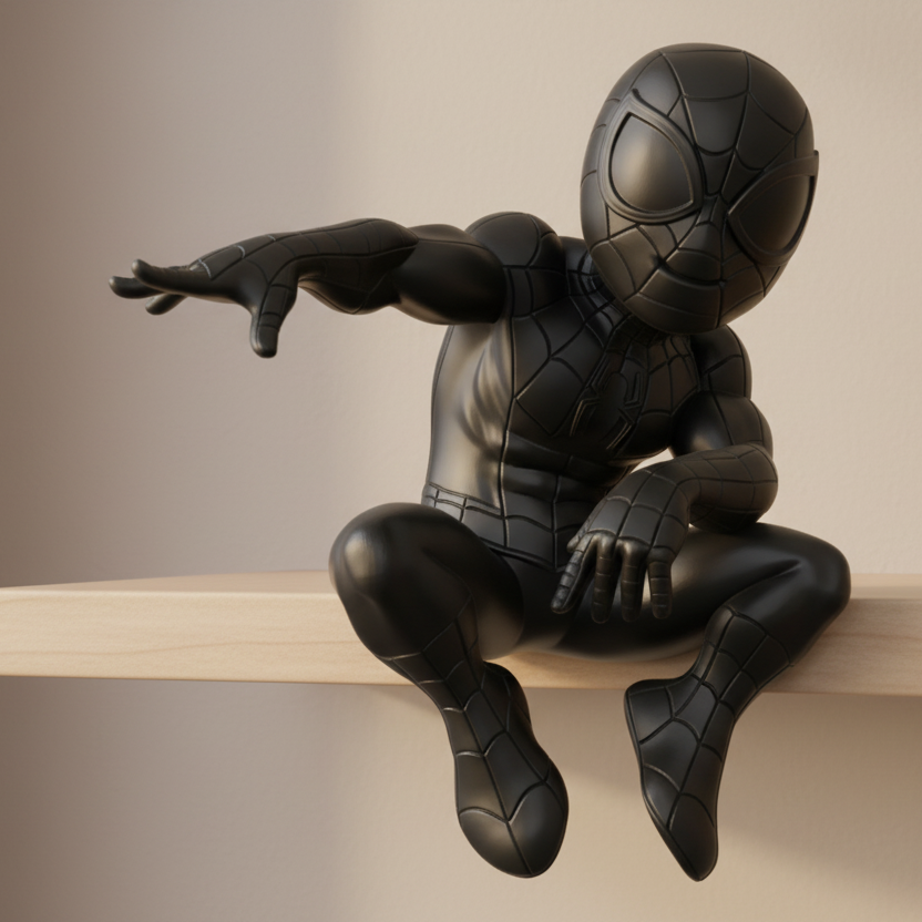 Matte-black figure sitting on a shelf