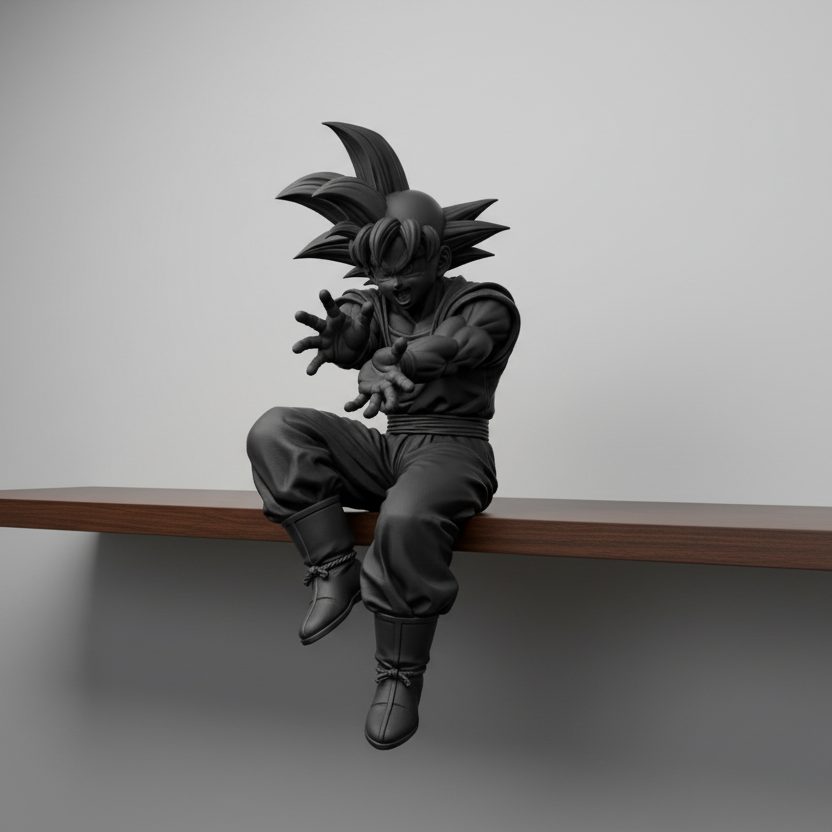 Short-leg Goku figurine seated on a concrete wall