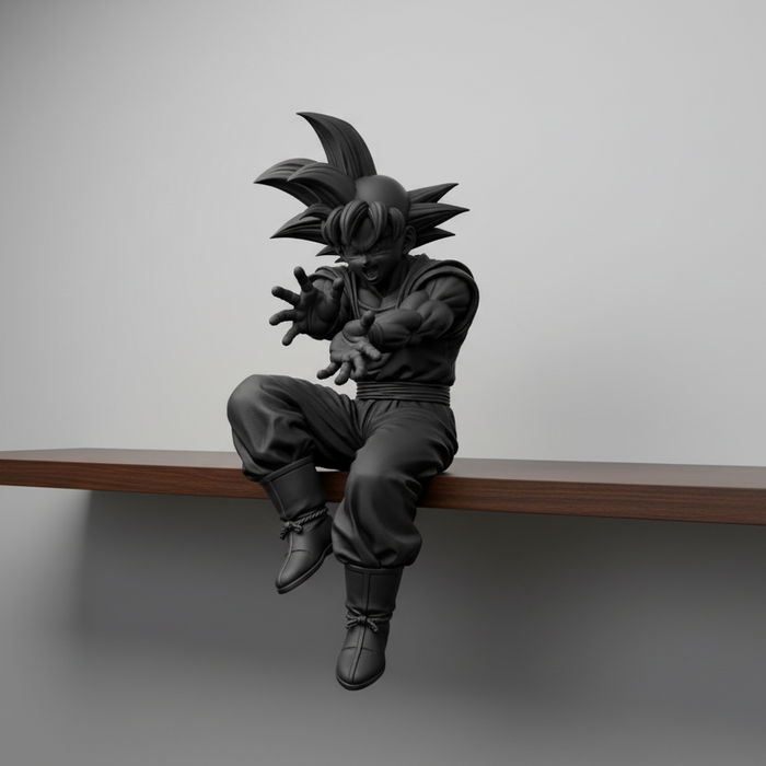 Short-leg Goku figurine seated on a concrete wall
