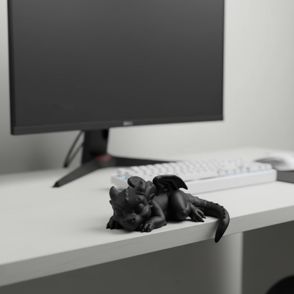 Sleeping baby dragon edge sitter on a modern gaming desk
